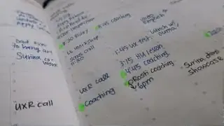 An open notebook page showing a handwritten schedule with various time slots and activities, highlighted in green.