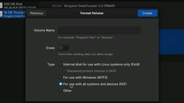 GNOME Disks 'Format Volume' screen showing the ambiguous 'FAT' option
