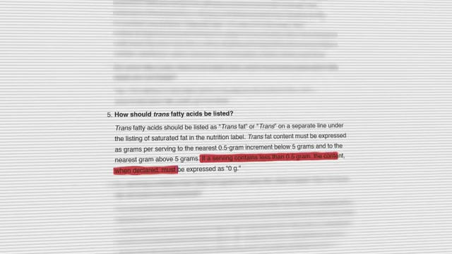 A document snippet explaining FDA guidelines: "If a serving contains less than 0.5 gram, the content, when declared, must be expressed as '0 g.'"