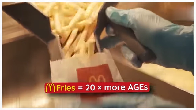 An overlay stating "McFries = 20x more AGEs" compared to a home-baked potato.