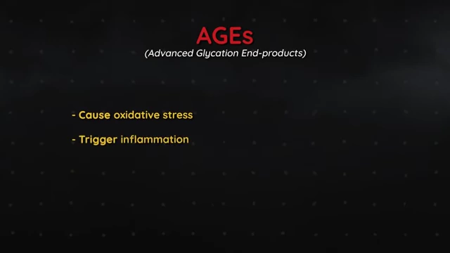 A text graphic listing the "AGES" effects: "Cause oxidative stress" and "Trigger inflammation".