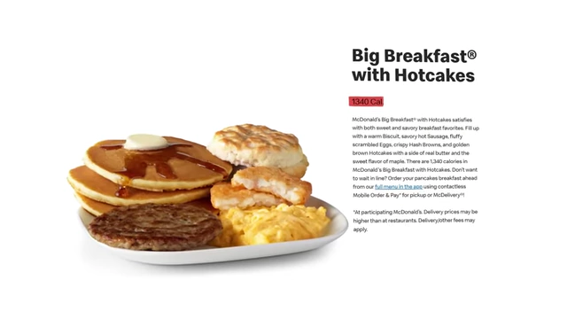 An image of McDonald's Big Breakfast with Hotcakes, highlighting "1340 Cal."