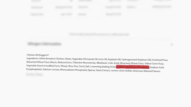 A list of Chicken McNuggets ingredients, highlighting "Sodium Aluminum Phosphate".