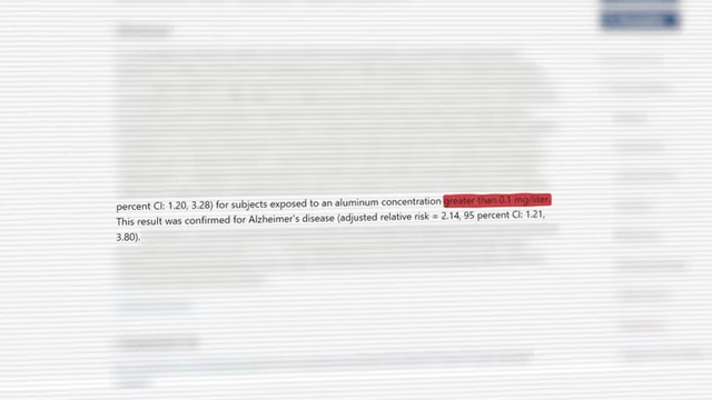 A text excerpt from a study, highlighting "greater than 0.1 mg/liter" of aluminum linked to cognitive decline and Alzheimer's disease.
