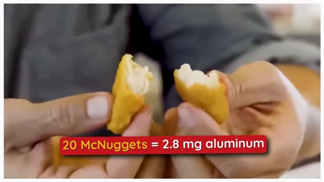An overlay graphic stating "20 McNuggets = 2.8 mg aluminum".