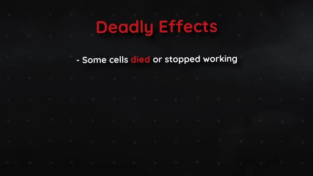 A text graphic listing "Deadly Effects" of TBHQ: "Some cells died or stopped working", "Their DNA showed signs of damage", and "It helped cells grow into tumors more easily".