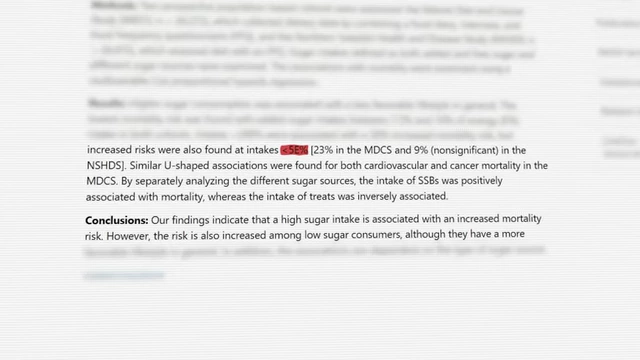 A text excerpt from a study, highlighting a "23% increase in all-cause mortality" associated with high sugar consumption.
