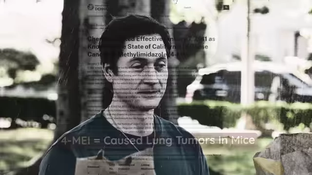 An image of a document related to California's Prop 65, with text overlay stating "4-MEI = Caused Lung Tumors in Mice".