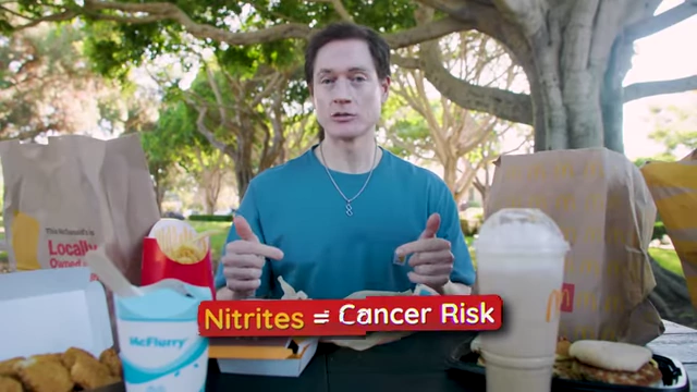 A text graphic stating "Nitrites = Cancer Risk" with McDonald's food in the background.