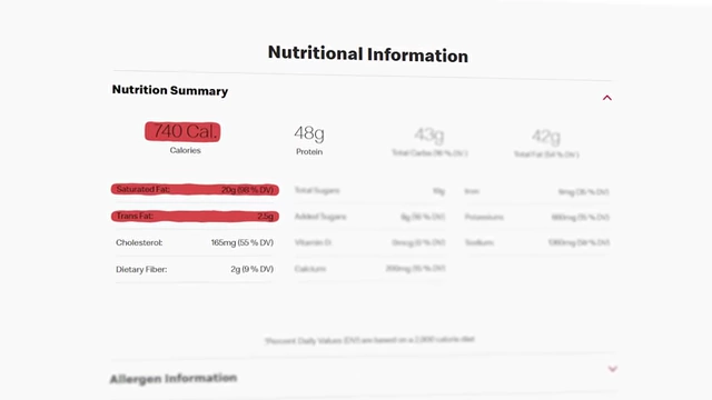 A nutritional summary for the Double Quarter Pounder with Cheese, highlighting "740 Cal.", "20g Saturated Fat", and "2g Trans Fat".