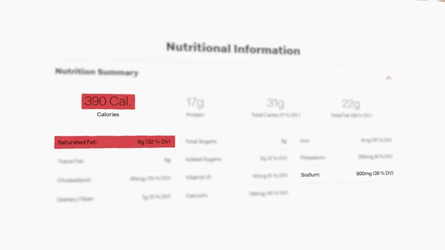 A nutritional summary for the Snack Wrap, highlighting "390 Cal.", "6g Saturated Fat", and "Sodium: 900mg".