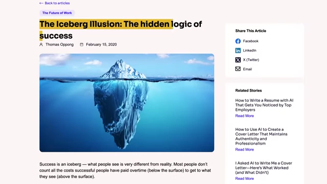 The Iceberg Illusion illustrates that only a small portion of success is visible, with the vast majority of effort, hard work, and sacrifice hidden beneath the surface.