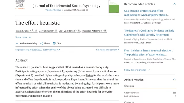 A screenshot of a research paper titled "The effort heuristic" from the Journal of Experimental Social Psychology.