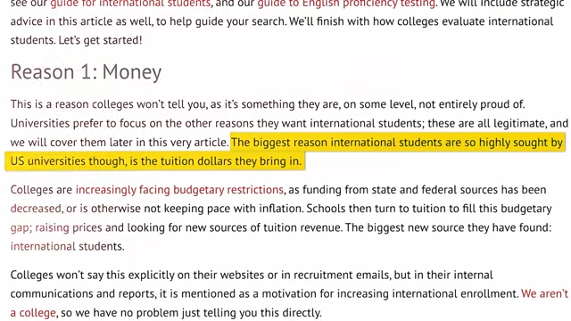 Highlighted text indicating tuition dollars as a primary reason U.S. universities seek international students