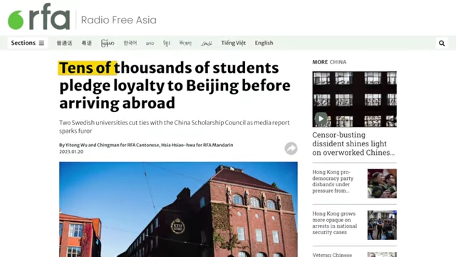 News headline on Chinese students pledging loyalty to Beijing before studying abroad