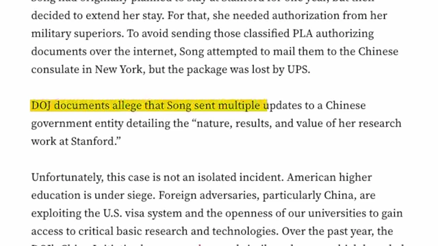Department of Justice documents detailing Chen Song's transmission of Stanford research to China