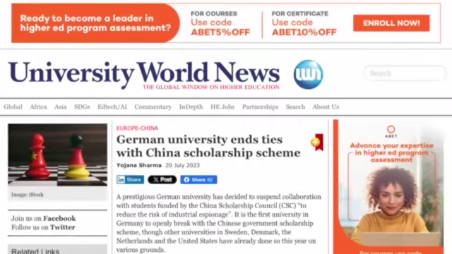 Report on a German university ending ties with China's scholarship scheme due to espionage risk