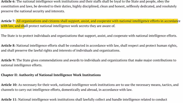 Article 7 of China's National Intelligence Law, requiring citizens to cooperate with state intelligence