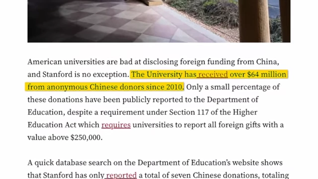 Report revealing Stanford University's undisclosed foreign funding from anonymous Chinese donors