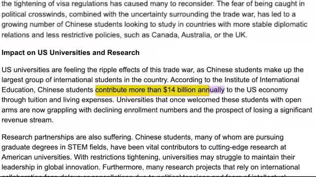 Highlighted text showing the annual economic contribution of Chinese students to the U.S. economy