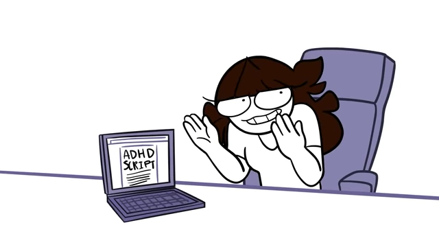 A laptop screen shows an "ADHD Script" document, while Jaiden looks relieved.
