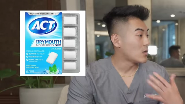 Xylitol gum is recommended for dry mouth to wash away debris