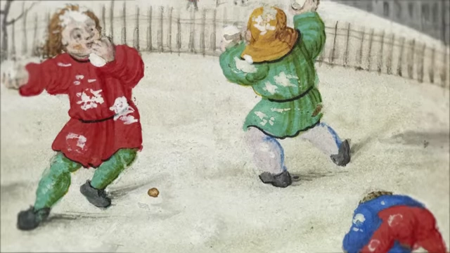 Medieval children engaging in a snowball fight, highlighting unsupervised play