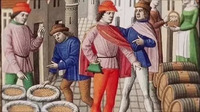 Medieval figures depicted in richly colored tunics and hose, showcasing vibrant fashion trends