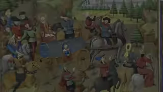 A vibrant medieval painting depicting diverse travelers on a road, including pilgrims, merchants, and knights