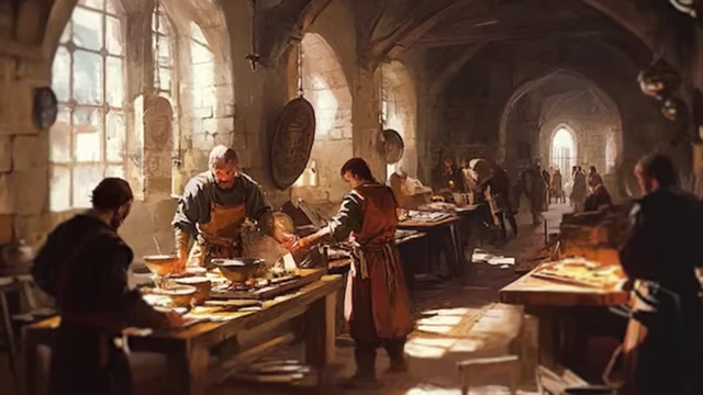Medieval craftsmen working in a large hall, showcasing a sense of community and shared labor within a guild