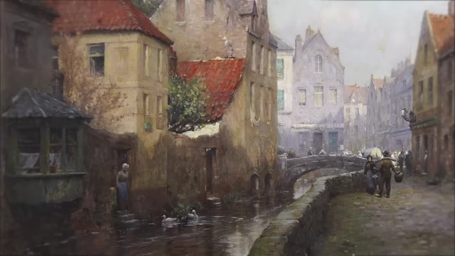 A medieval canal city, likely Bruges or Ghent, illustrating thriving trade centers