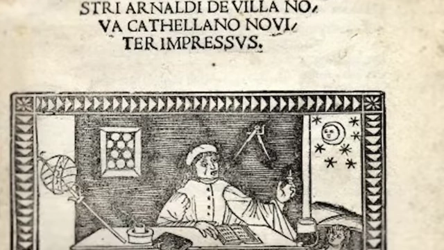 An illuminated manuscript showing a medieval scholar at work with a text