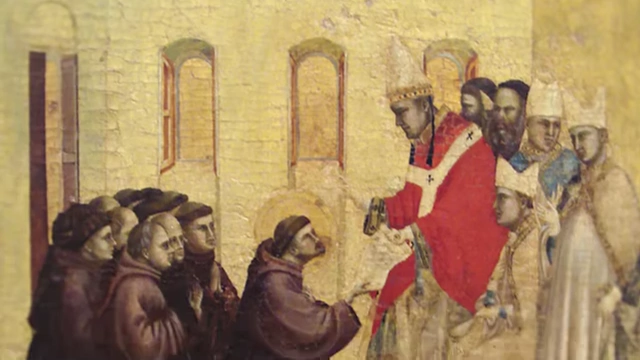 A medieval painting depicting religious figures and a pontiff, illustrating the "purely Catholic cosmos"