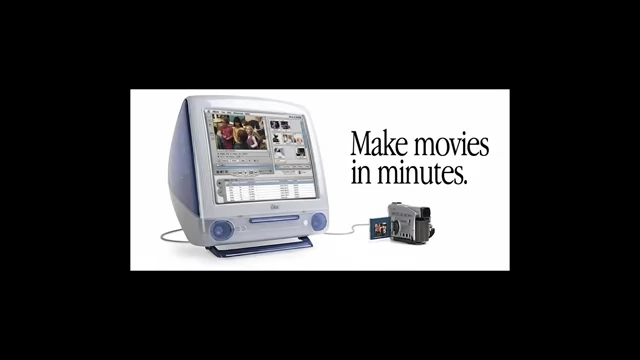 An advertisement for the iMac DV, highlighting its ability to "Make movies in minutes"