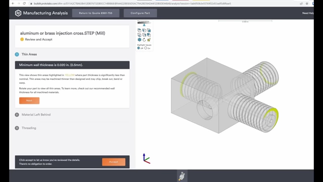 A screenshot of a 3D CAD model being analyzed on a manufacturing website, illustrating an automated artwork upload system for real-time analysis.