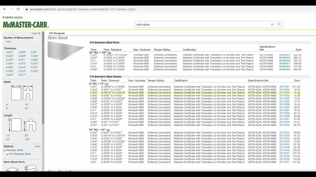 A screenshot from McMaster-Carr showing various shim stock options and their prices, indicating the low cost of raw materials.