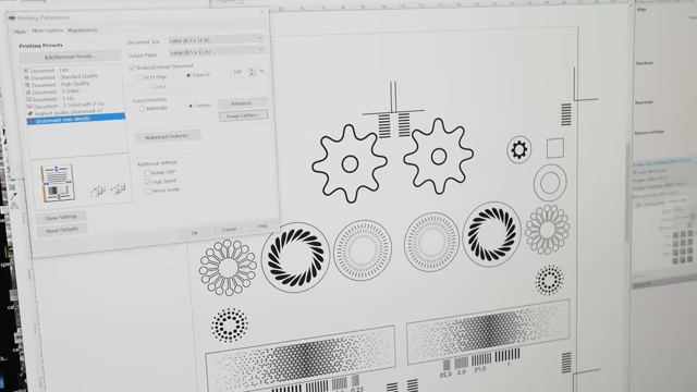 A computer screen displaying printer settings adjusted to dispense the maximum amount of ink, crucial for achieving dense, high-contrast photomasks.