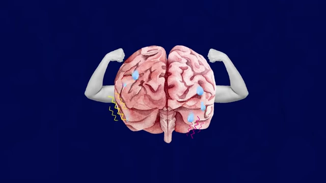 Diagram of a brain with muscular arms, symbolizing the significant cognitive effort required for effective learning.
