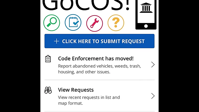科罗拉多斯普林斯市GoCOS应用程序界面，显示报告城市问题的功能