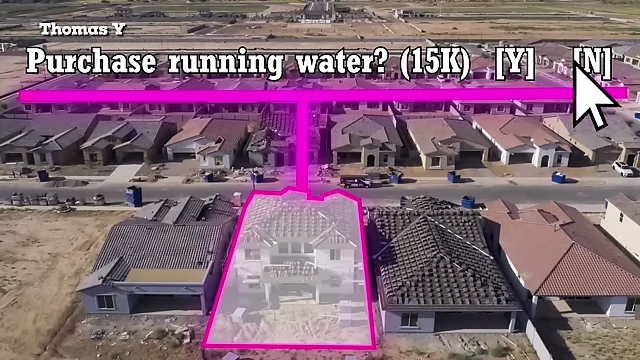 屏幕上显示了一个关于购买自来水的游戏化决策界面，突出水资源供应问题