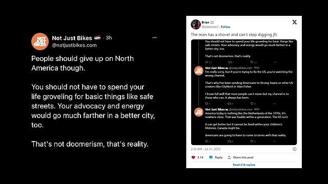 Not Just Bikes的推文截图，表达了对北美城市规划改变的悲观态度