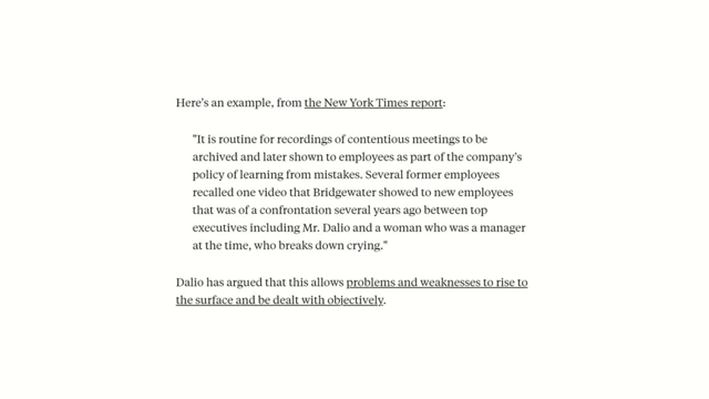 Excerpt from a New York Times report on recorded meetings and Dalio's "radical transparency"