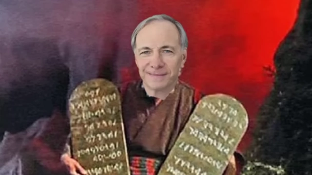 A humorous depiction of Ray Dalio holding "tablets" representing his principles