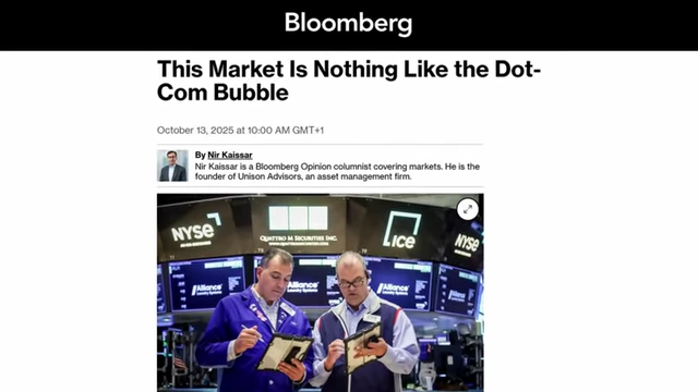 A Bloomberg article states that the current market is not like the Dot-Com Bubble, emphasizing the quality of leading tech firms.