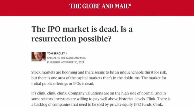 A Globe and Mail article discusses the stagnant IPO market, posing the question of whether a resurrection is possible.