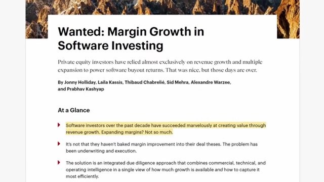 A Bain & Company report section titled "Wanted: Margin Growth in Software Investing" highlights that revenue growth and multiple expansion, not margin growth, have driven value.