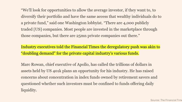 A Financial Times article highlights that industry executives saw the deregulatory push for 401(k) access as "doubling demand" for private capital.