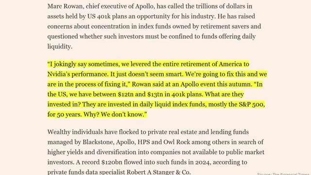 Marc Rowan of Apollo is quoted expressing concern about 401(k) systems being overexposed to tech stocks and advocating for private market access.