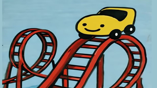 An illustrative "toddler's drawing of a rollercoaster labeled 'steady growth'" is used as a metaphor for private equity's illusion of stability.