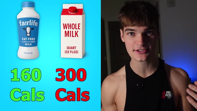 A graphic comparing the calorie content of fat-free Fairlife milk (160 Cals) to whole milk (300 Cals).